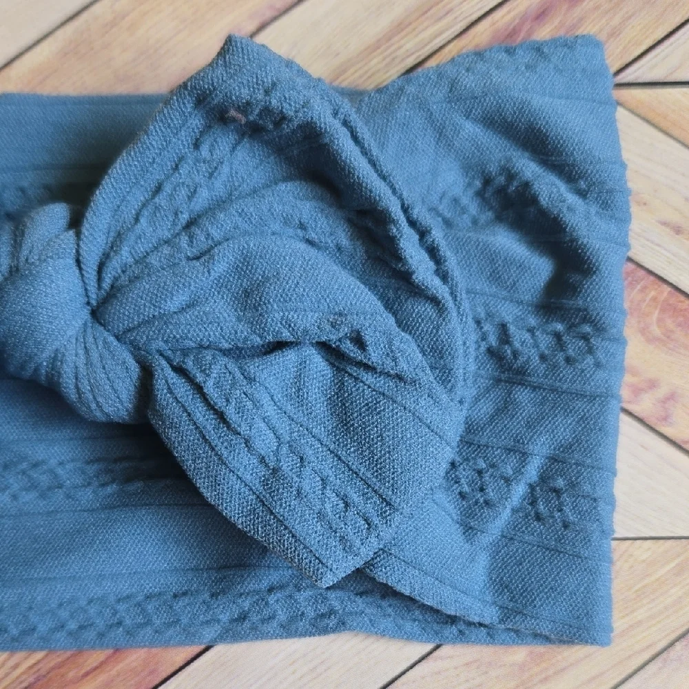 ​Dusty Blue Cable Knit Baby Headband Oversized Bow Soft Stretchy Nylon Hairband